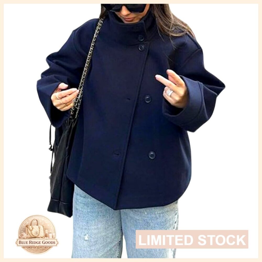 Crop Pea Coat Wool Blend Loose Fit Casual Short Jacket A-Line Silhouette